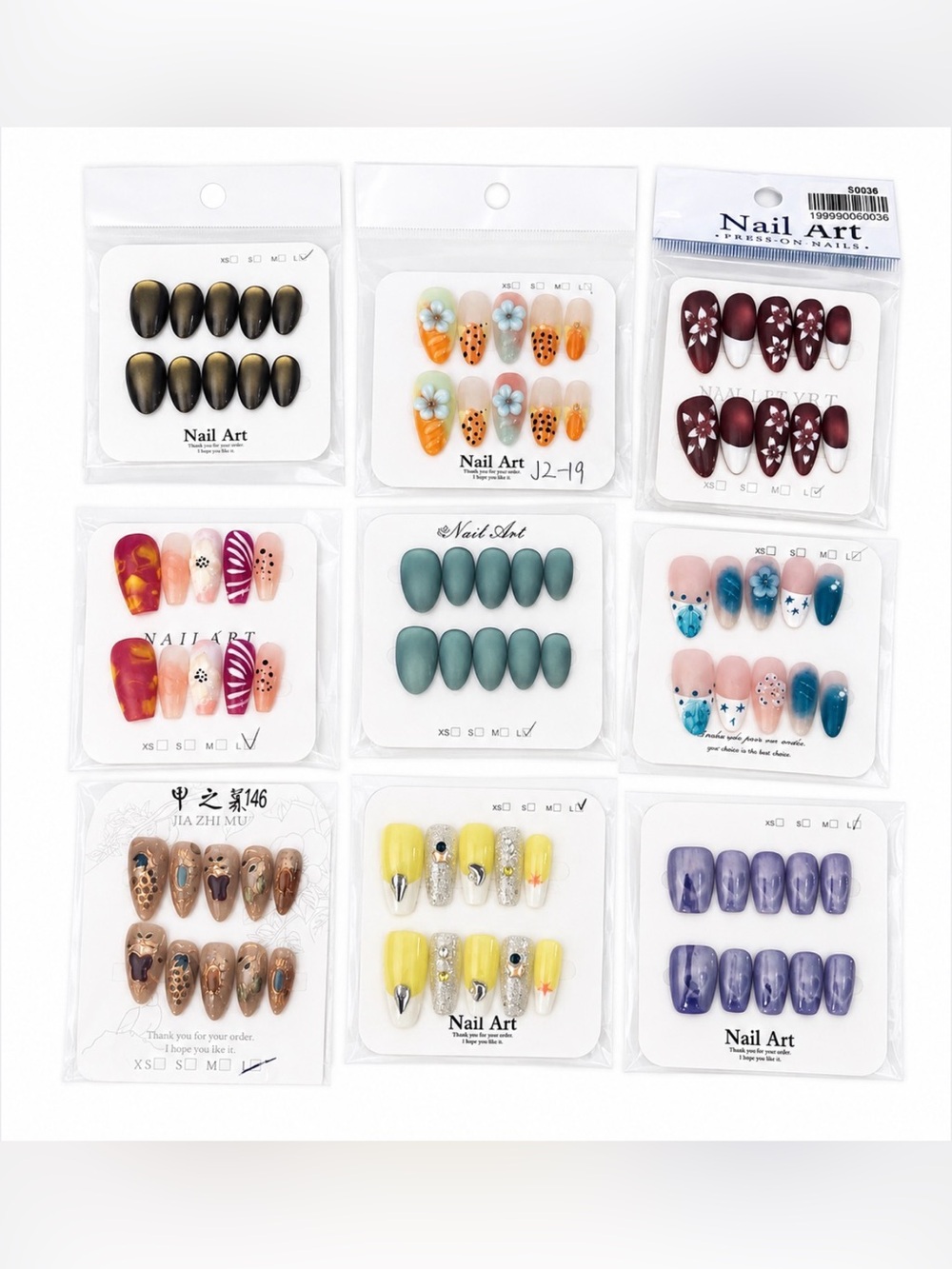 Nail Art Press-On 9 Sets — Assorted Colors size large